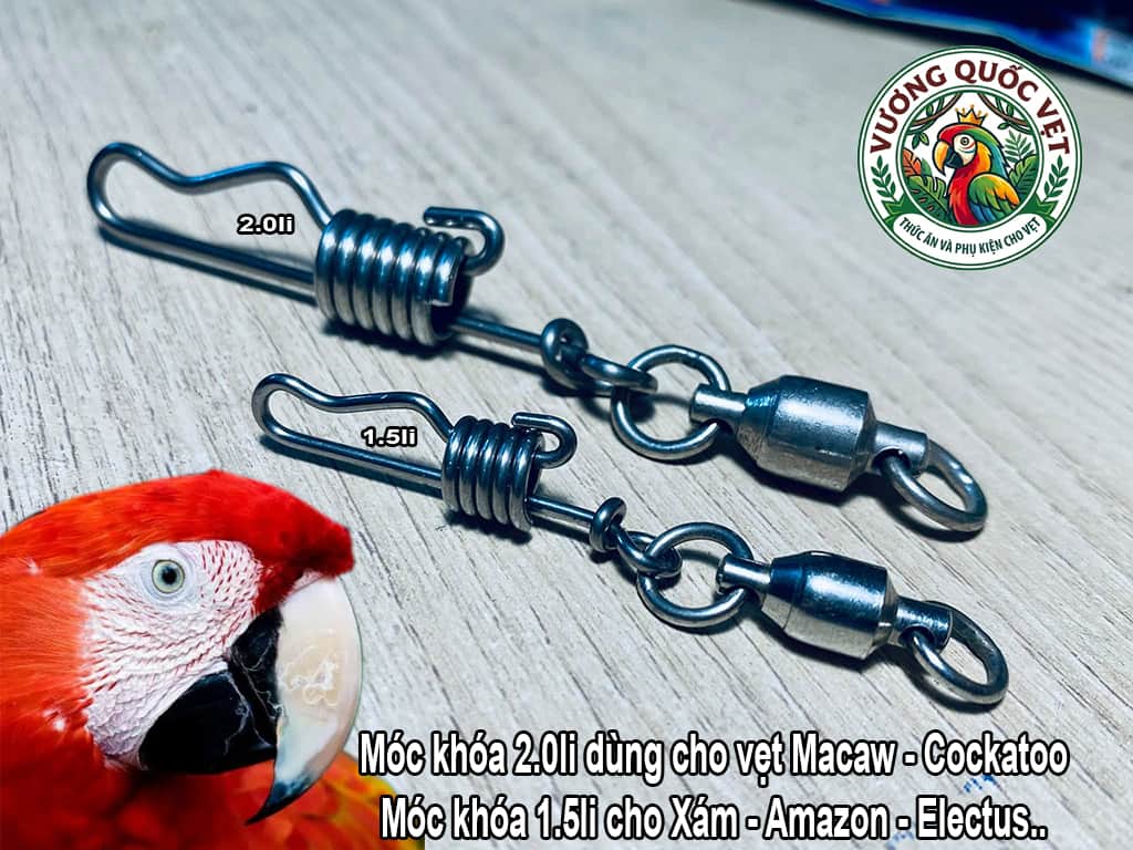 Cận cảnh khớp xoay 360 độ và khóa lò xo của móc khóa vẹt Scarlet Macaw